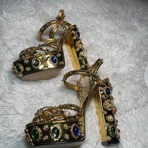 Luxury Rhinestone Metallic Gold Leather Sandals Chunky High Heel Platform Strapp
